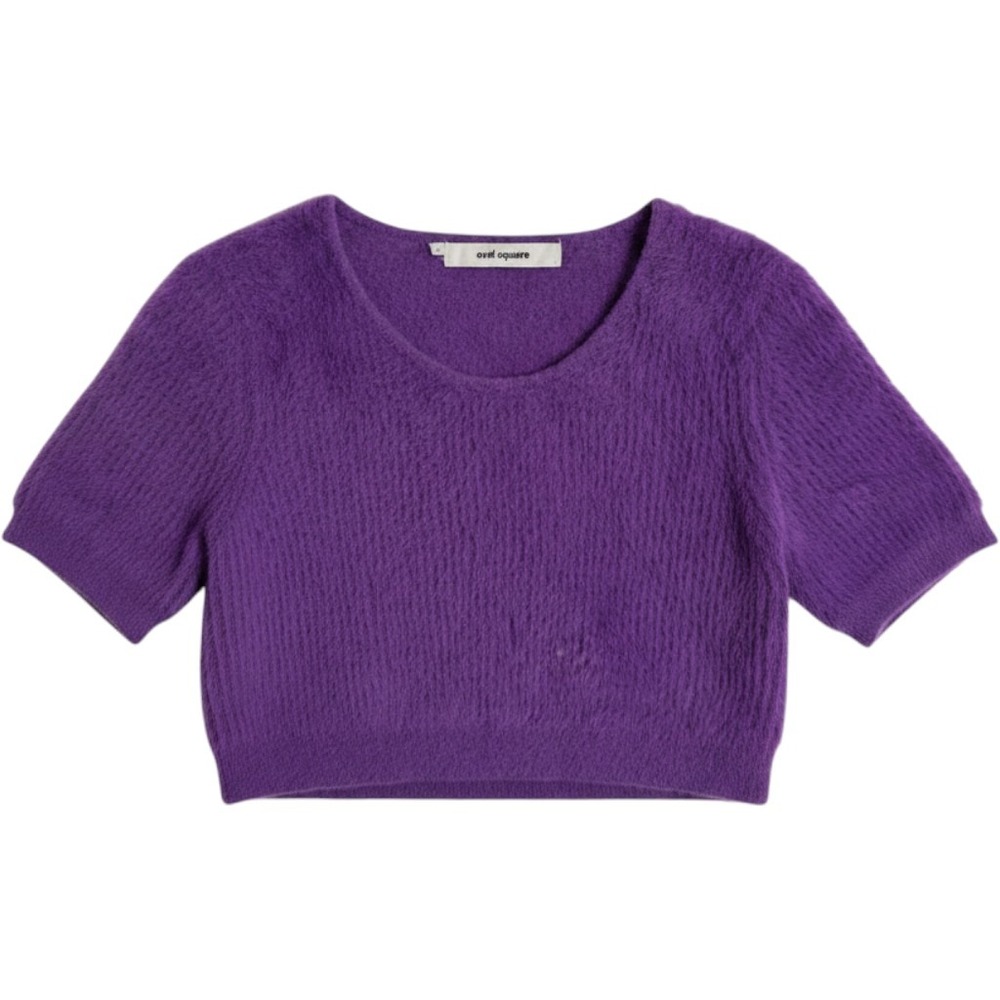 Oval Square Purple‎ Fuzzy Eyelash Knit Short Sleeve Cropped Sweater OS Young L